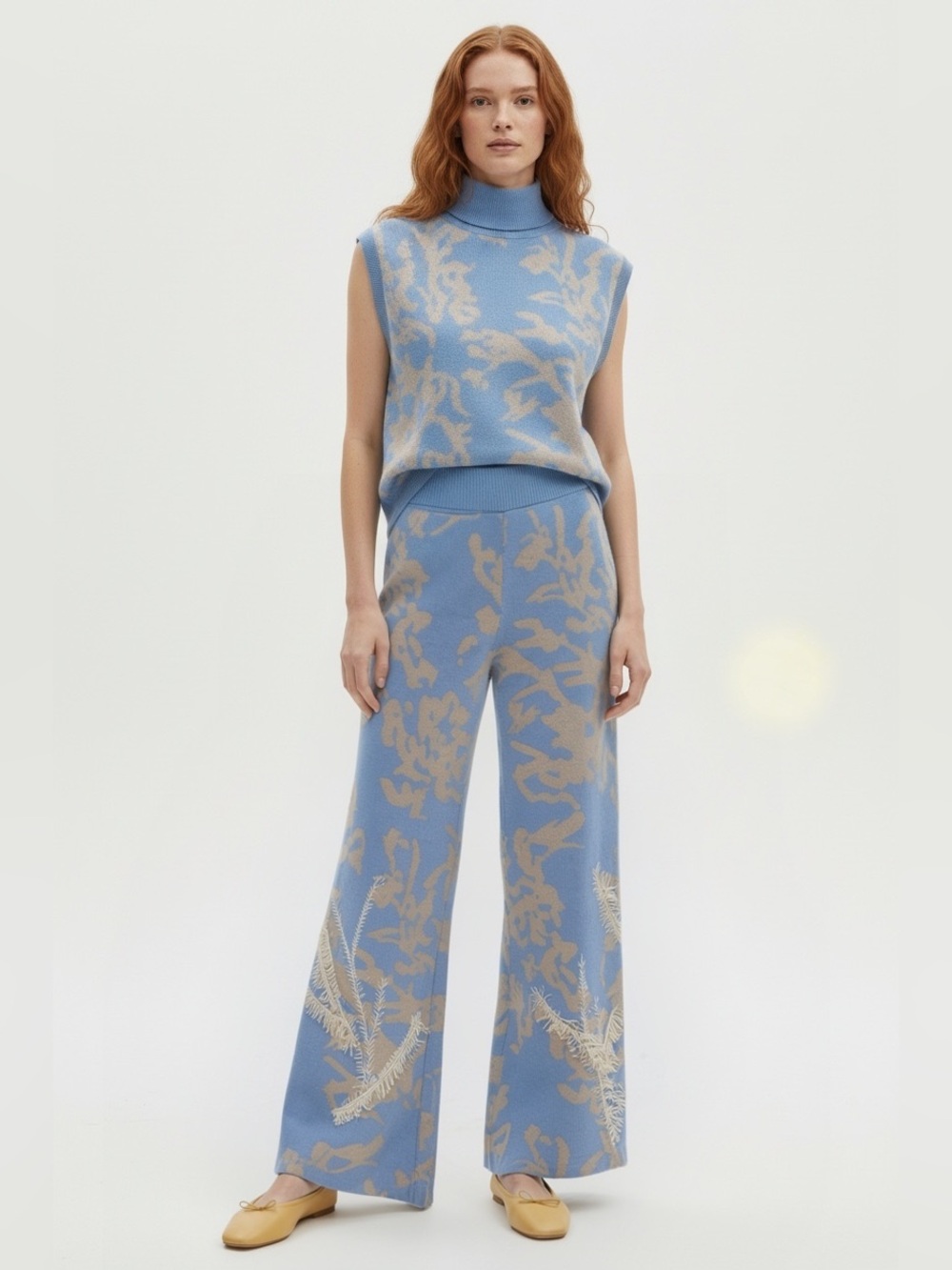 Lafayette 148 Silk Cashmere cornflower blue embroidered tassel wide leg pant L